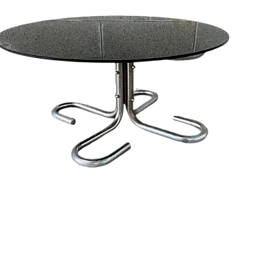 Tavolino Basso con Struttura Cromata, Vetro Rotondo Fumé nello stile di Giotto Stoppino, anni '70