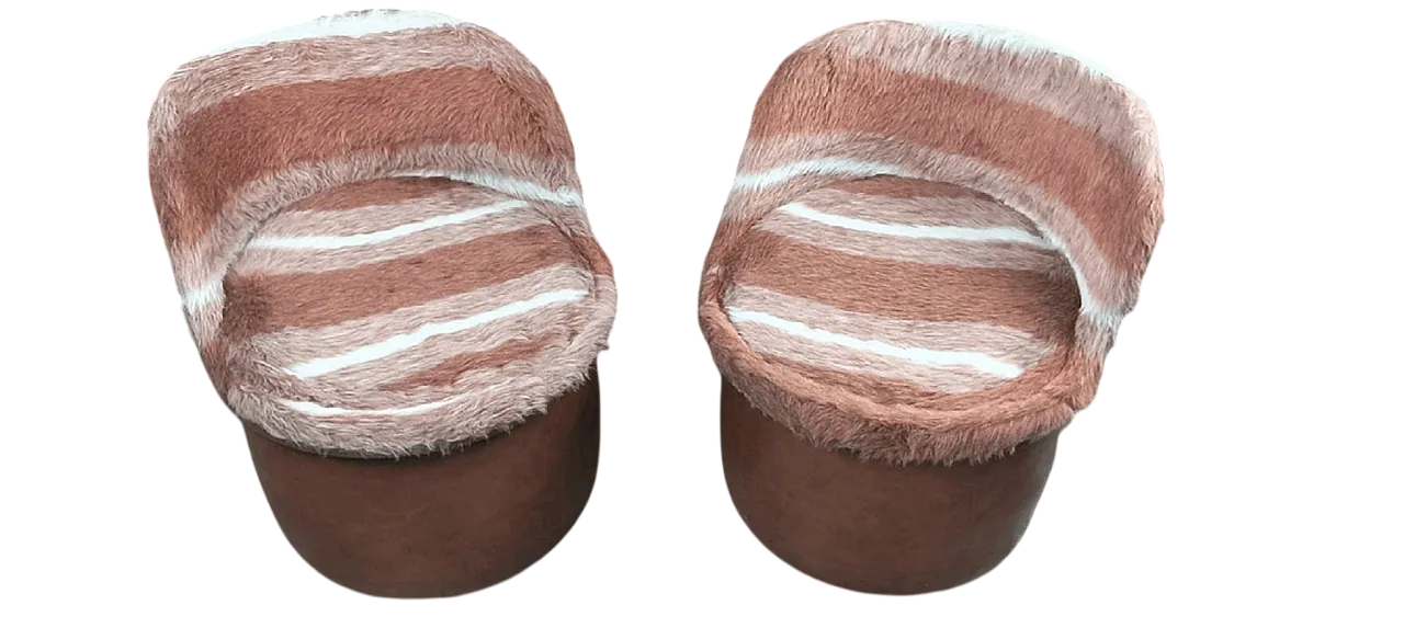 Set di Pouf in Pelle e Morbida Pelliccia Sintetica con Contenitore, Anni '70 8