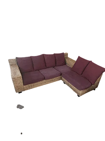 Divano ad angolo con chaise lounge in banana intrecciata, anni '90