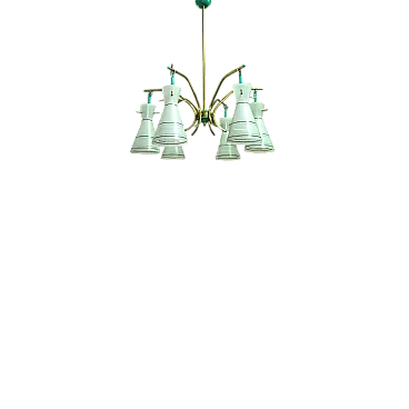 Lampadario in ottone vetro satinato stile Stilnovo, anni '50