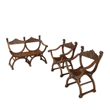 Divano con due poltrone in legno di faggio tinto noce, fine '800