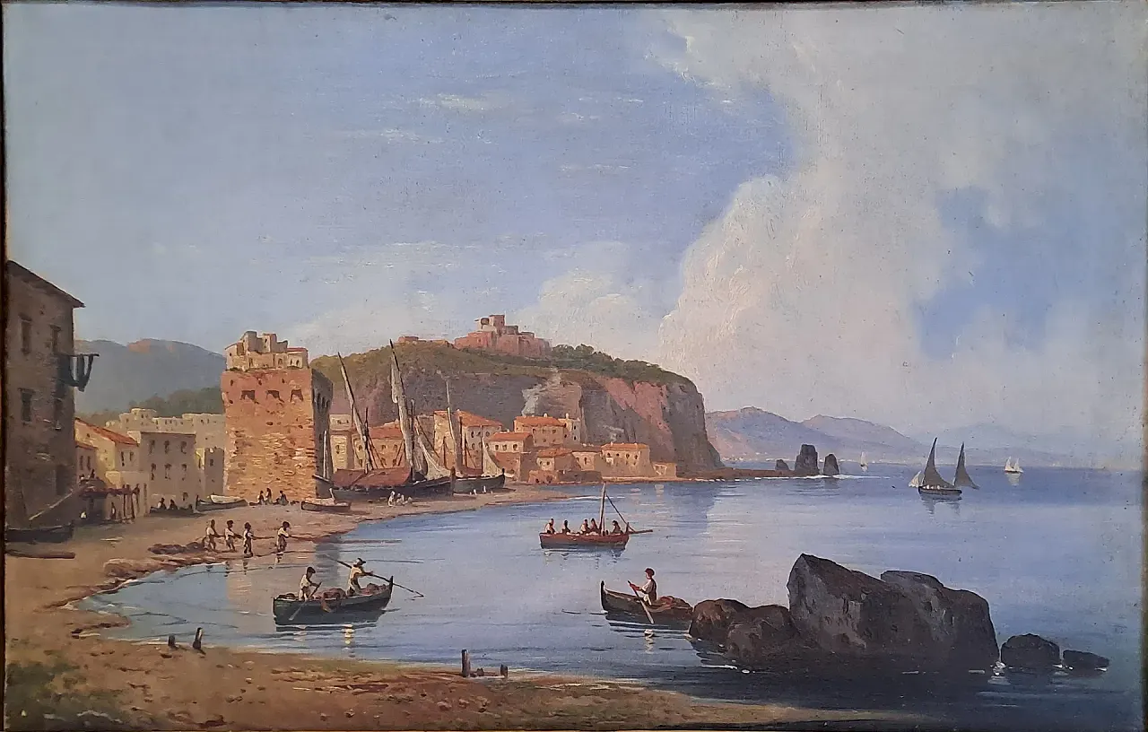 Marina with fortified village and figures, oil on canvas, 19th century 1