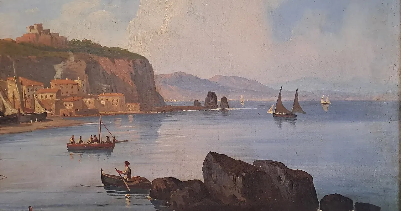 Marina with fortified village and figures, oil on canvas, 19th century 2