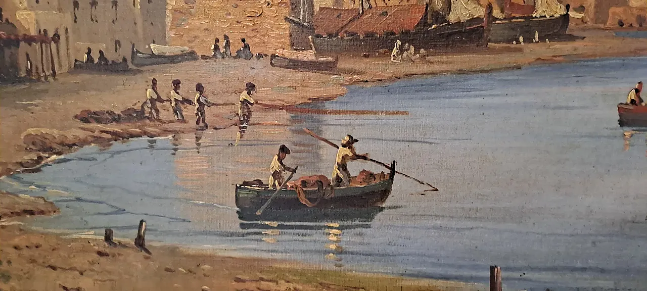 Marina with fortified village and figures, oil on canvas, 19th century 4