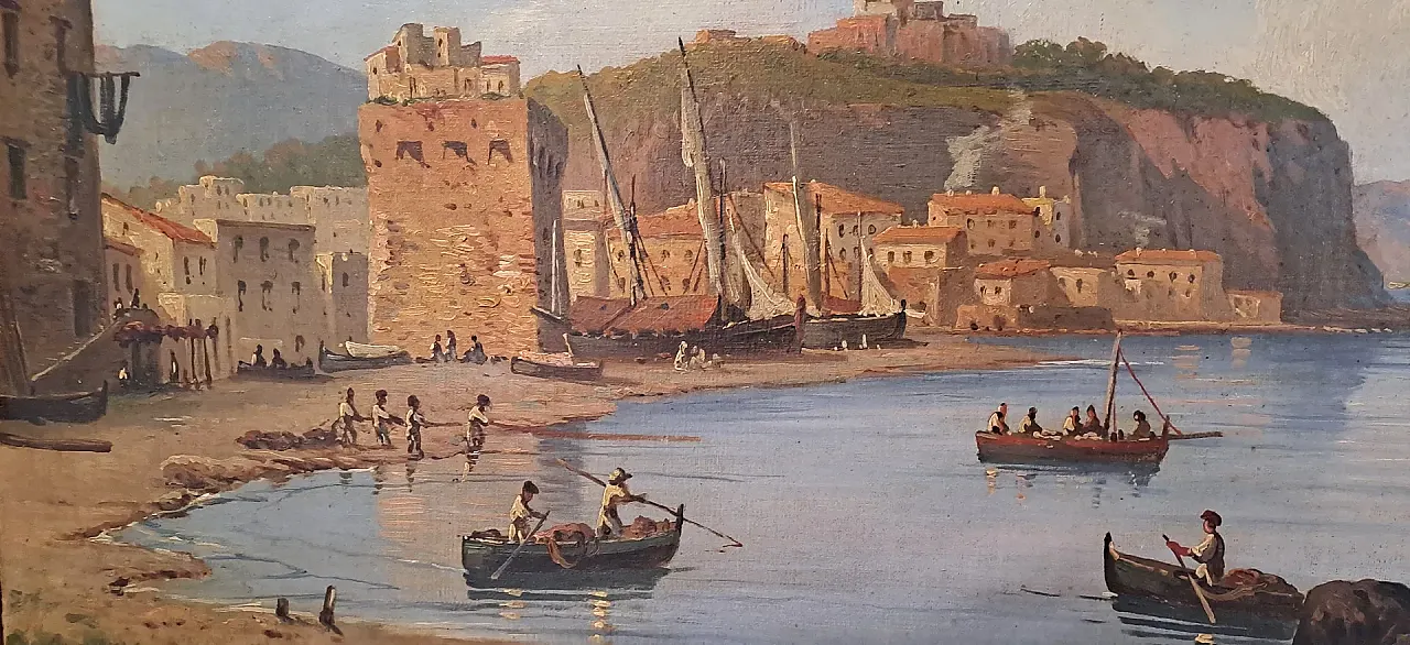 Marina with fortified village and figures, oil on canvas, 19th century 12