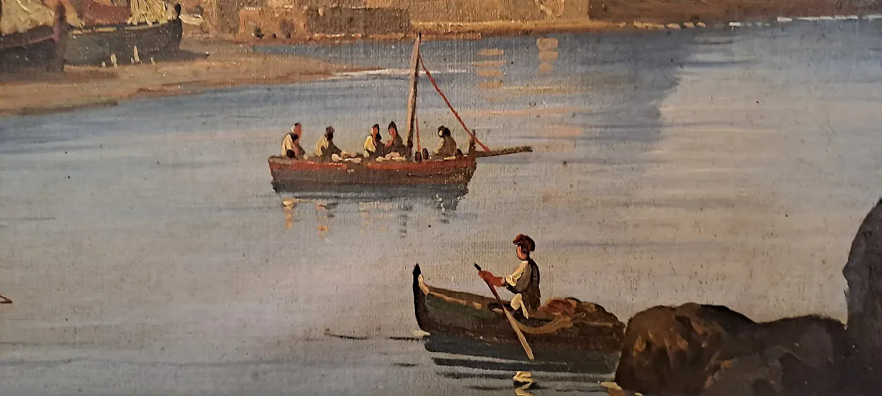 Marina with fortified village and figures, oil on canvas, 19th century 14