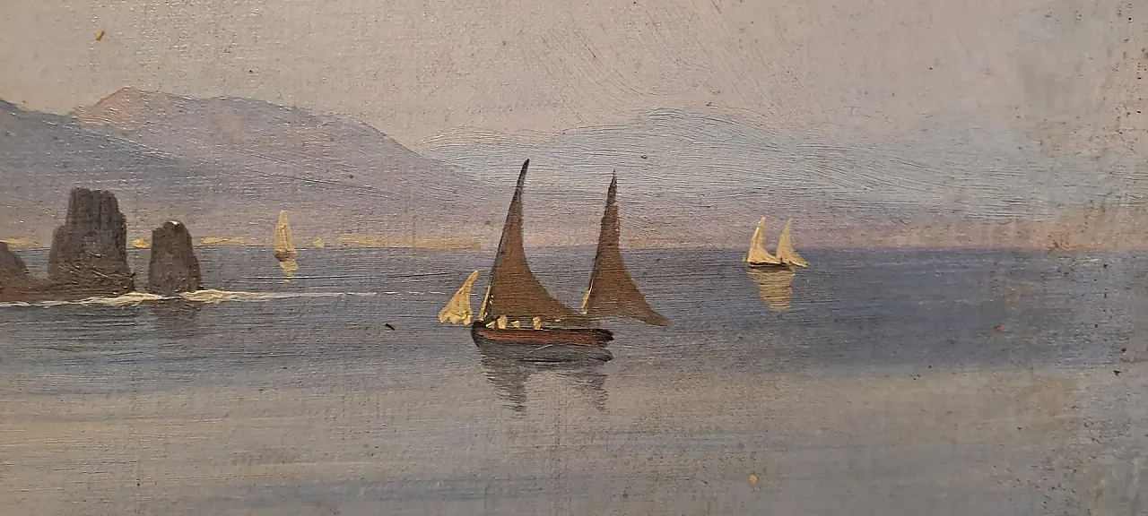 Marina with fortified village and figures, oil on canvas, 19th century 15