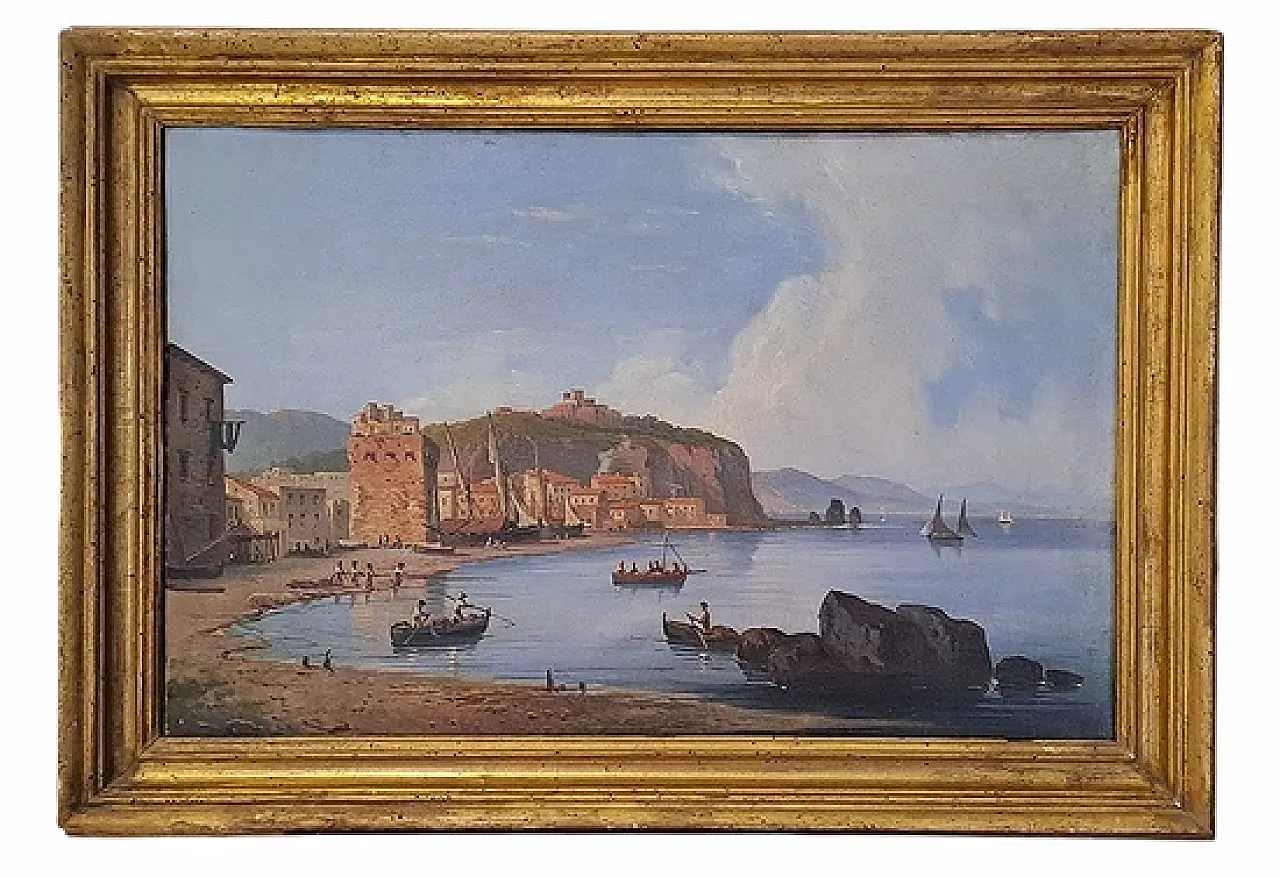 Marina with fortified village and figures, oil on canvas, 19th century 18