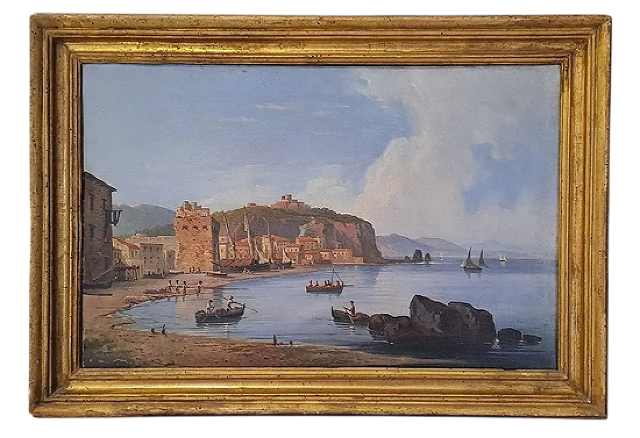 Marina with fortified village and figures, oil on canvas, 19th century 19