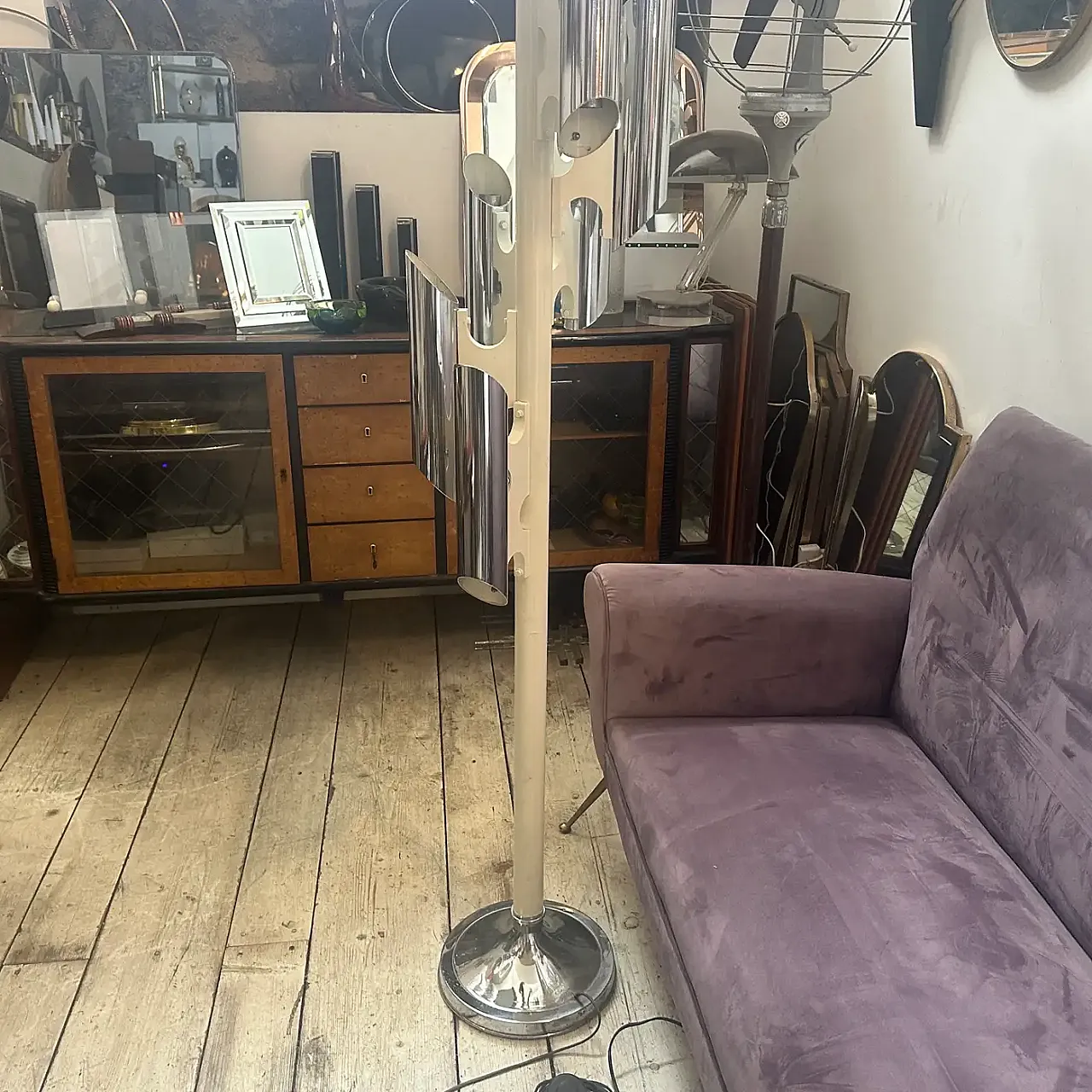 Chromed metal and white wood floor lamp, 1970s 3