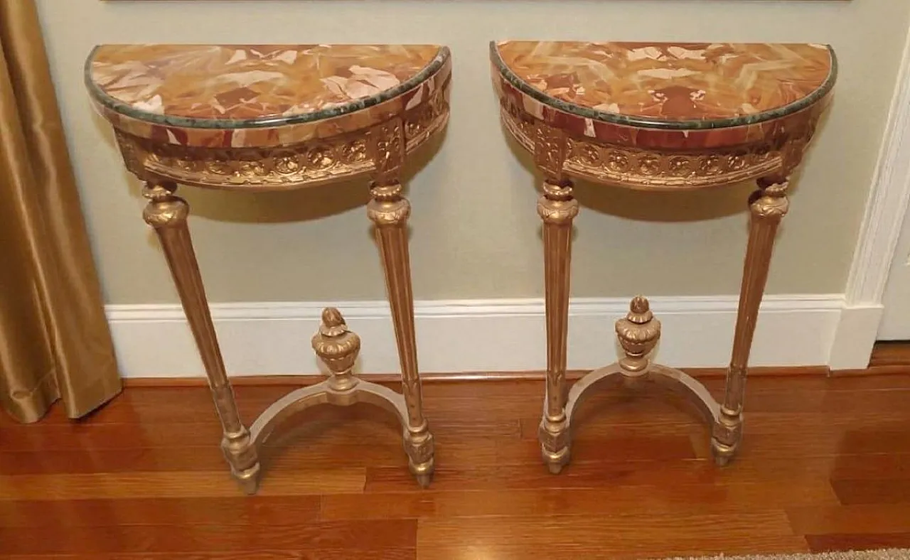 Pair of Louis XVI style gilded wooden consoles, late 19th century 1