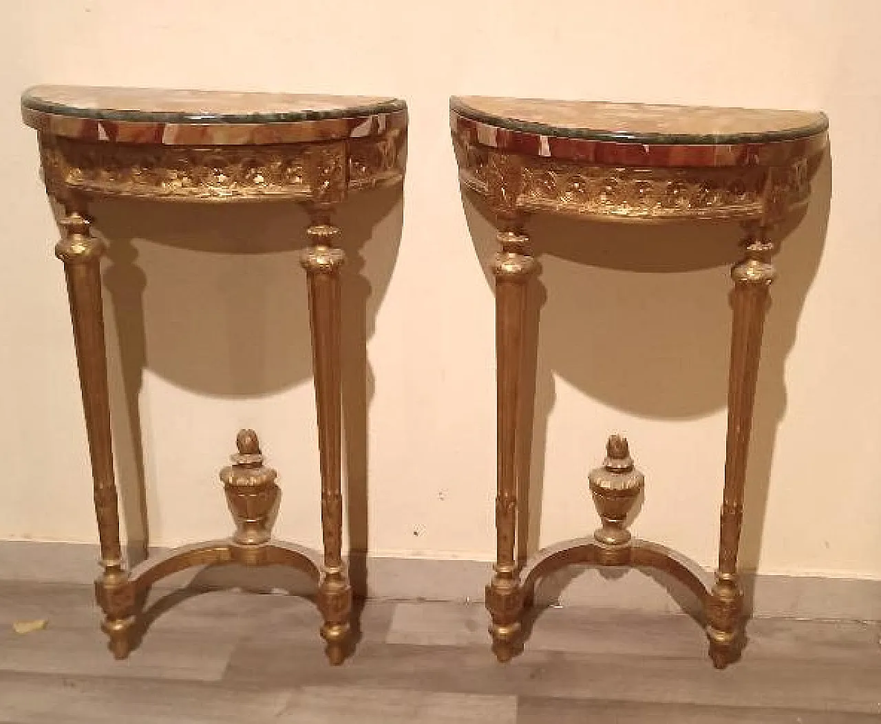 Pair of Louis XVI style gilded wooden consoles, late 19th century 2