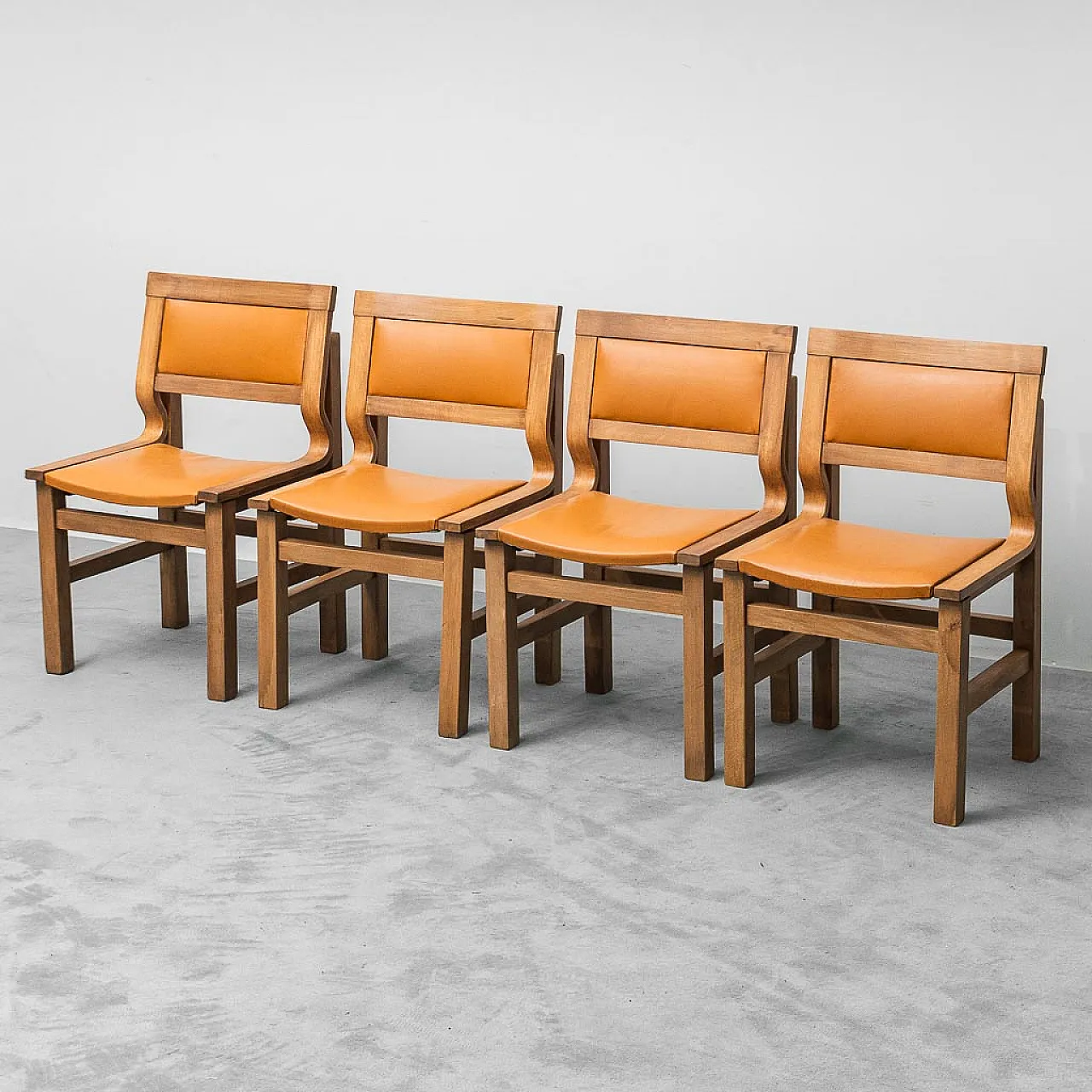 4 chairs in wood and brown eco-leather, 1970s 1
