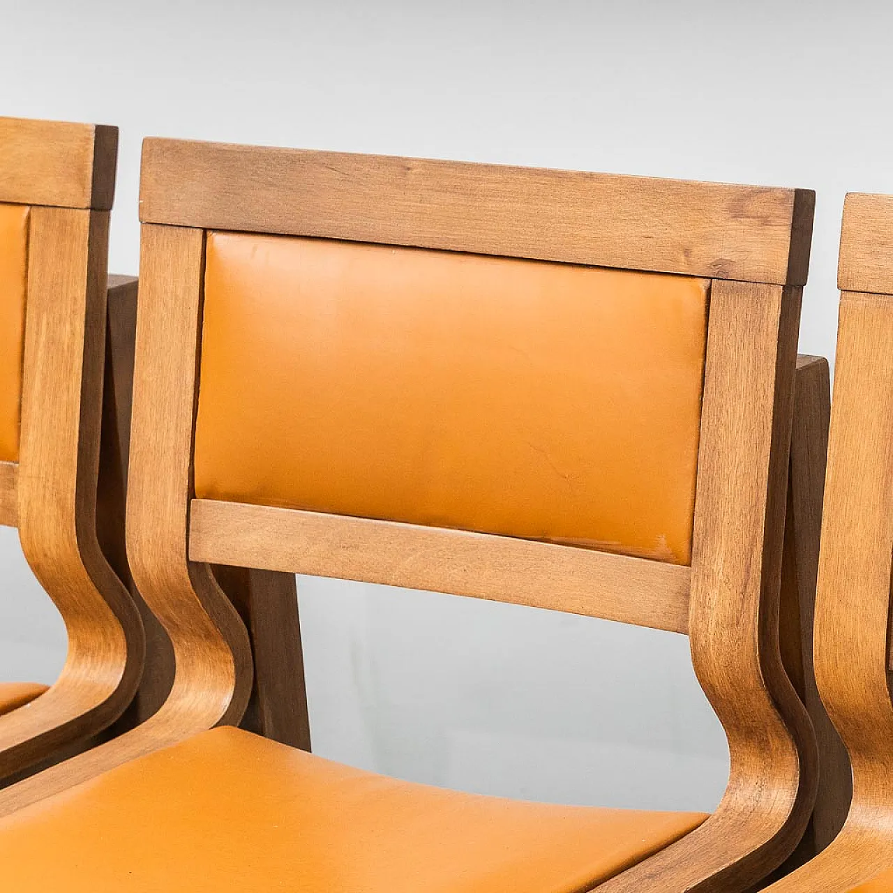 4 chairs in wood and brown eco-leather, 1970s 3