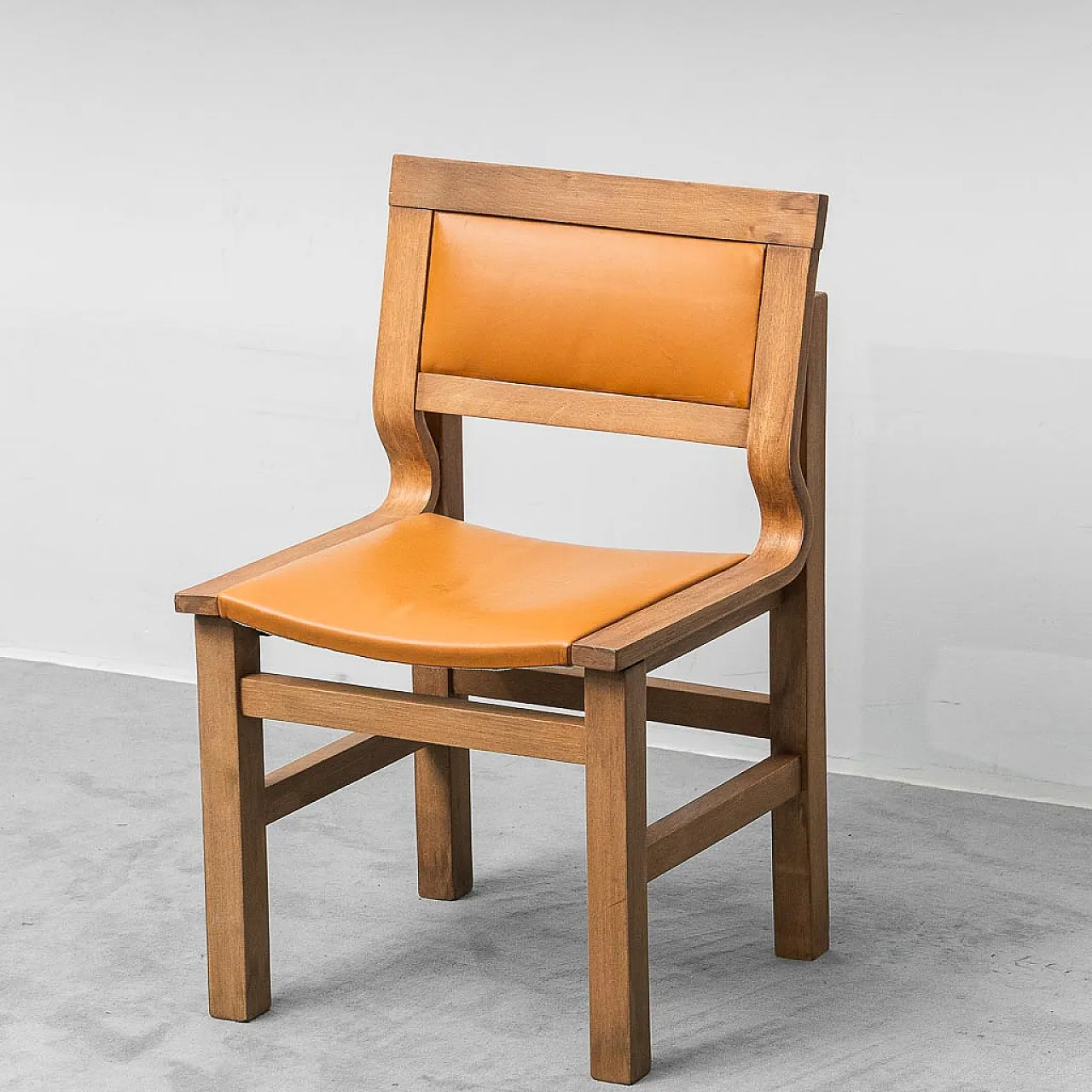 4 chairs in wood and brown eco-leather, 1970s 4