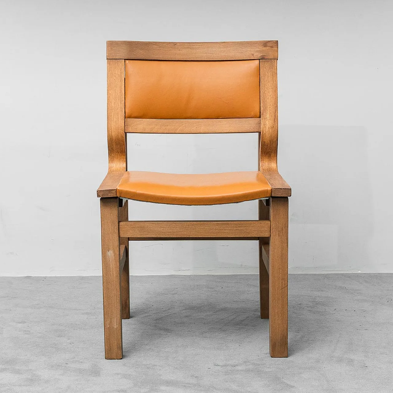 4 chairs in wood and brown eco-leather, 1970s 6
