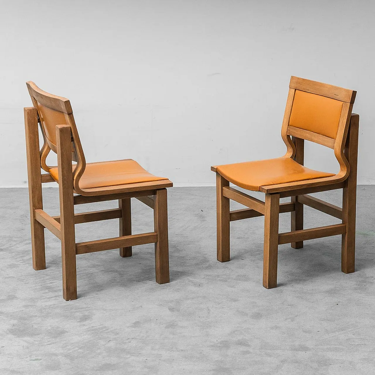 4 chairs in wood and brown eco-leather, 1970s 7