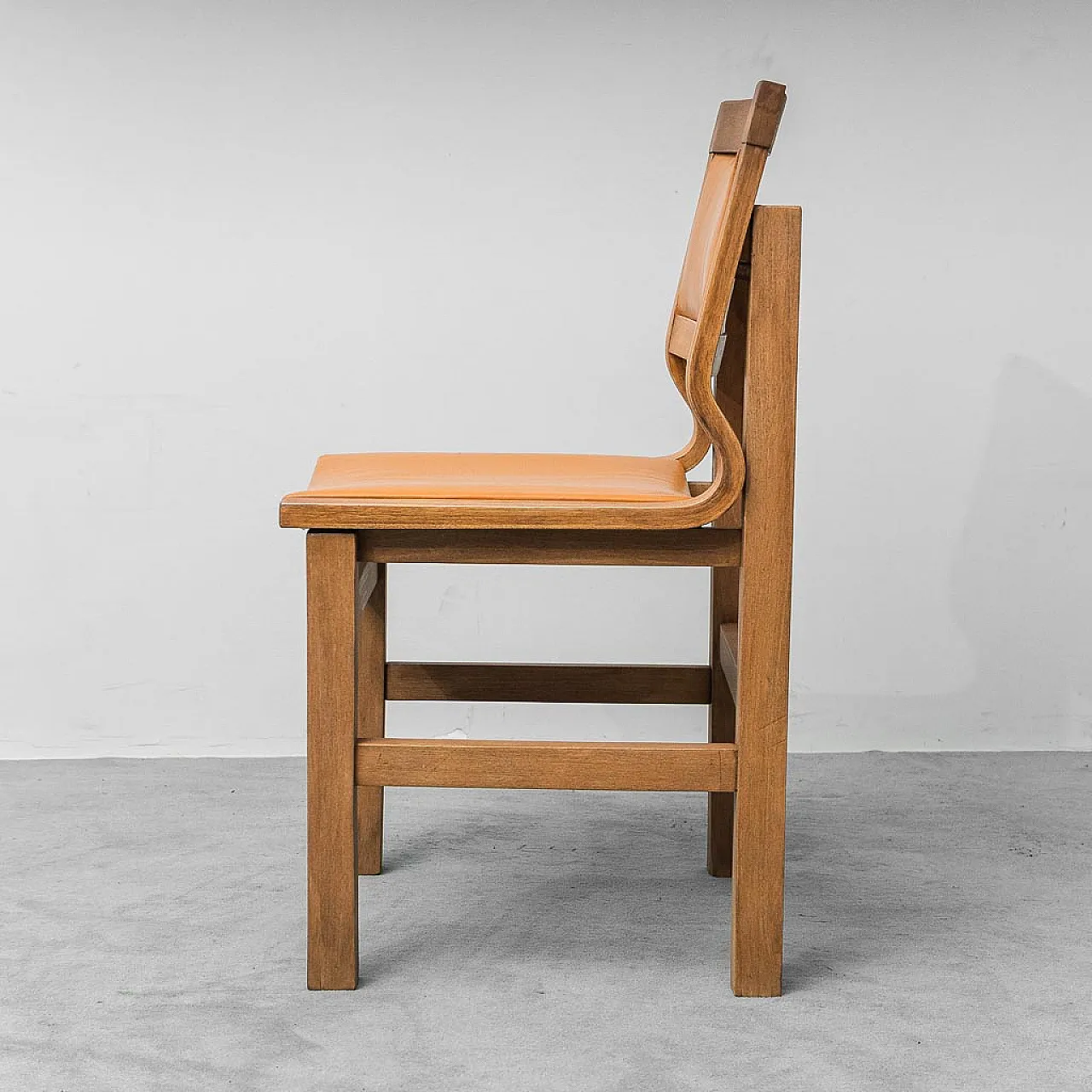 4 chairs in wood and brown eco-leather, 1970s 8