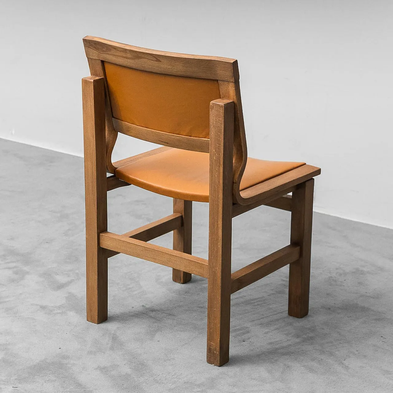 4 chairs in wood and brown eco-leather, 1970s 9