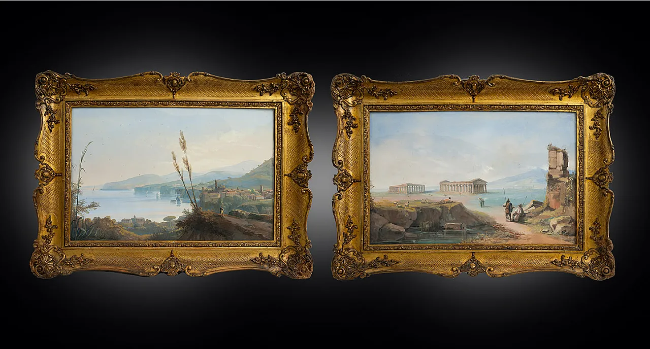 Coppia di Gouaches Napoletani raffigurante i templi di Paestum, '800 1