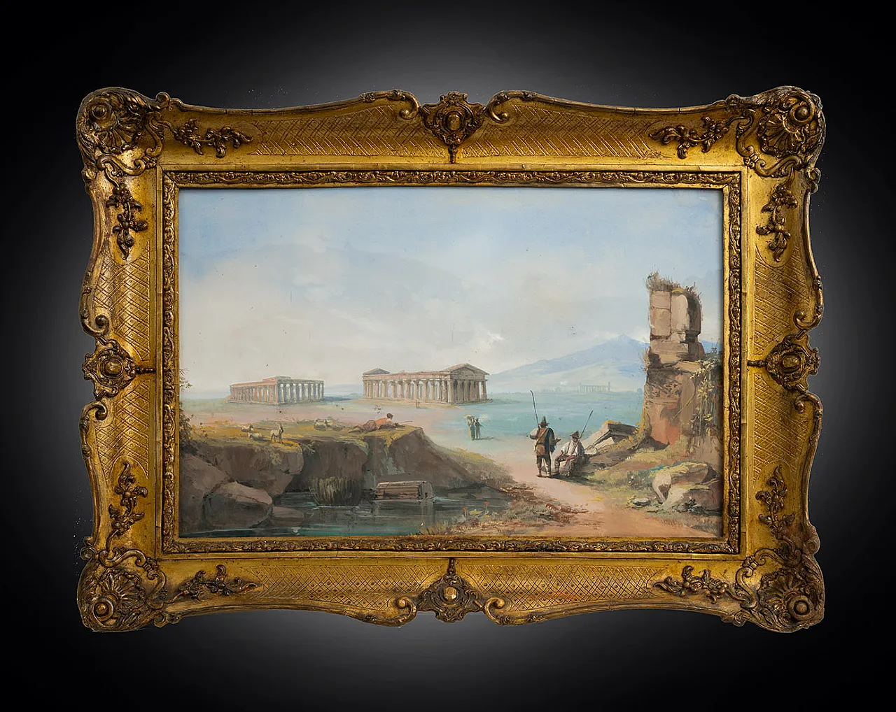 Coppia di Gouaches Napoletani raffigurante i templi di Paestum, '800 6