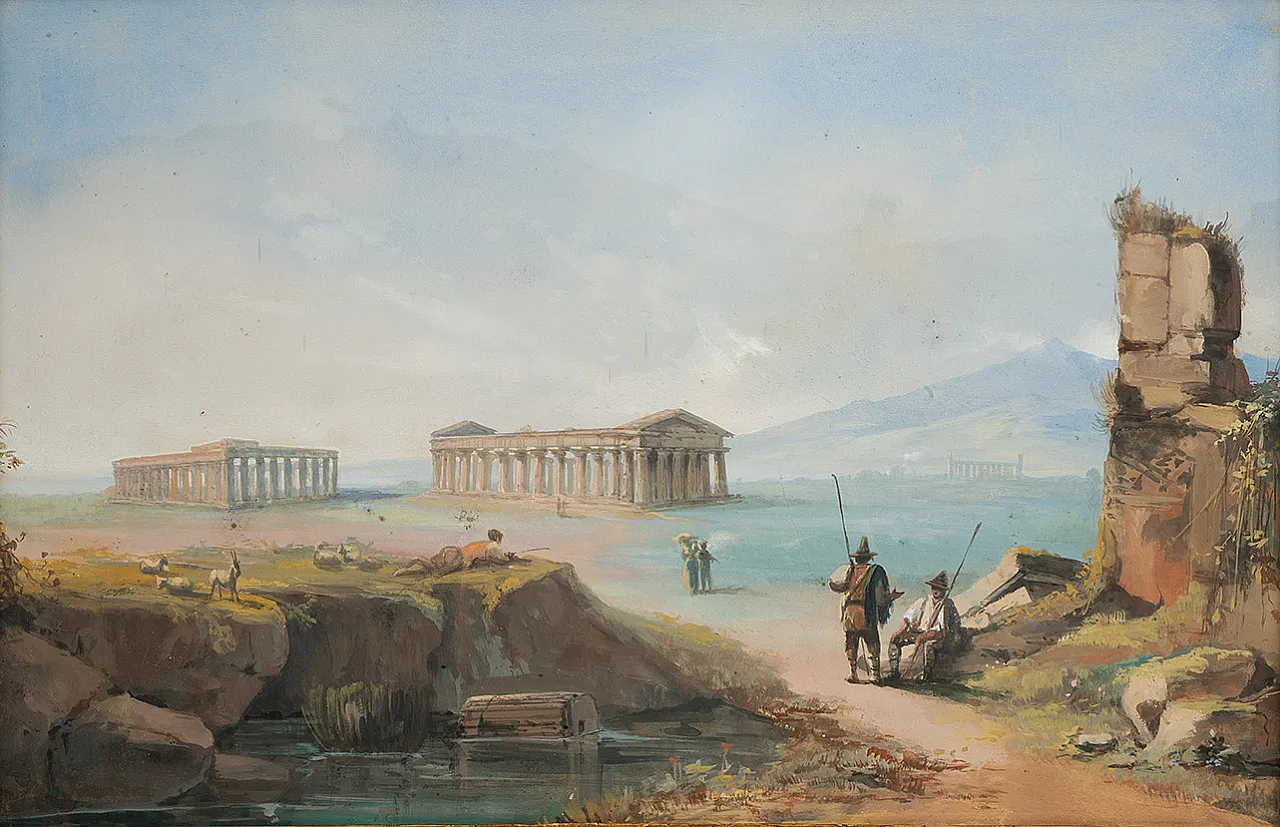 Coppia di Gouaches Napoletani raffigurante i templi di Paestum, '800 7