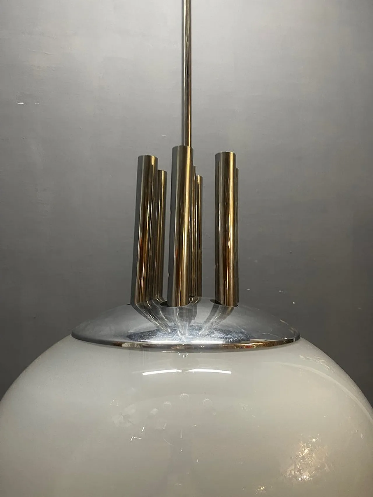 Large pendant lamp in chromed metal and Murano glass attributed to Mazzega, 1970s 2