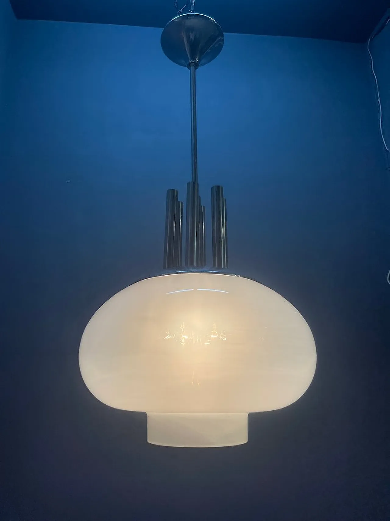 Large pendant lamp in chromed metal and Murano glass attributed to Mazzega, 1970s 3