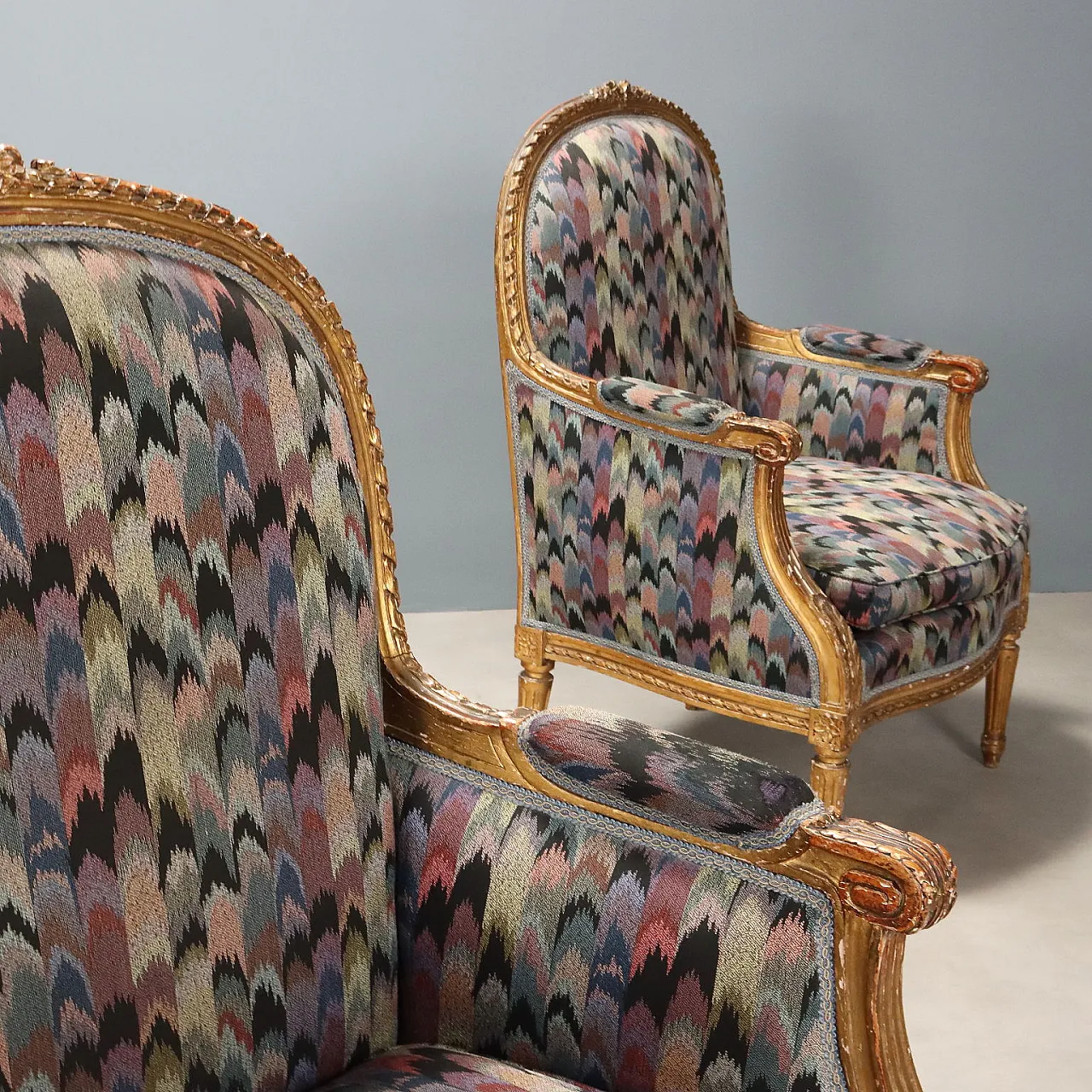 3 Neoclassical style armchairs in carved and gilded wood, 19th century 3