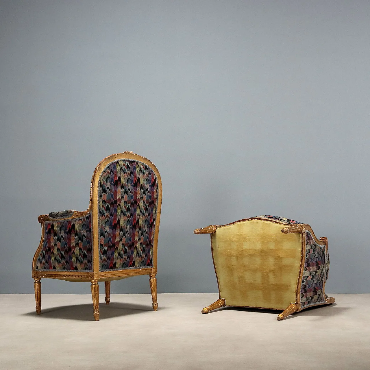3 Neoclassical style armchairs in carved and gilded wood, 19th century 9