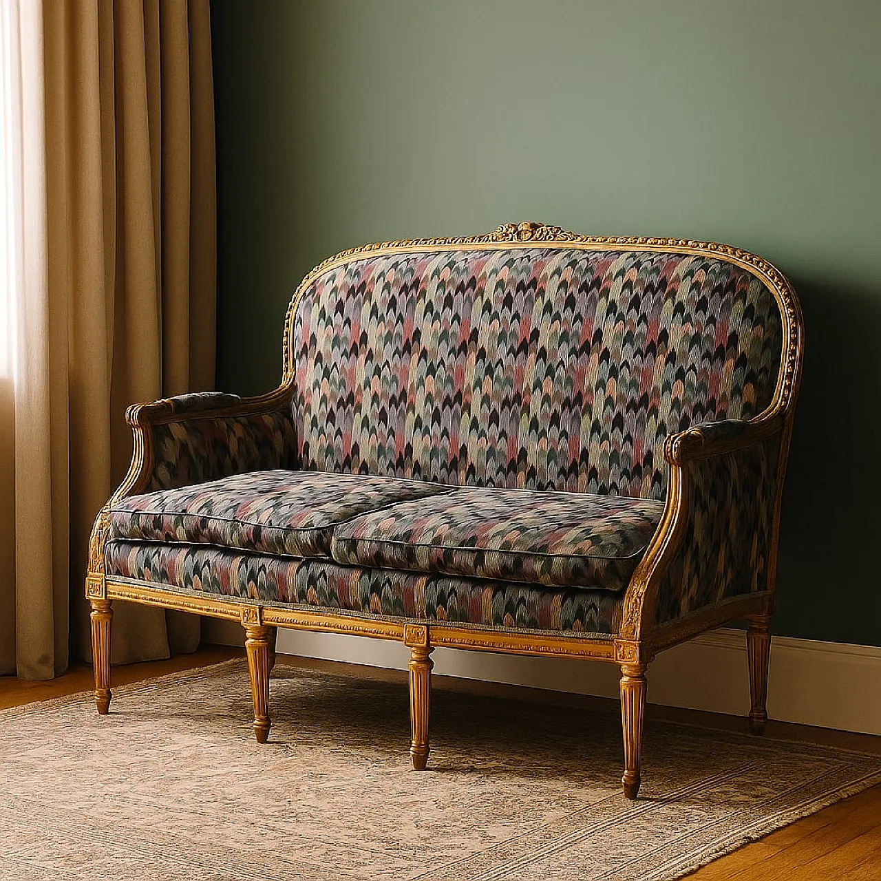 Carved and gilded wooden sofa with padding, late 19th century 2