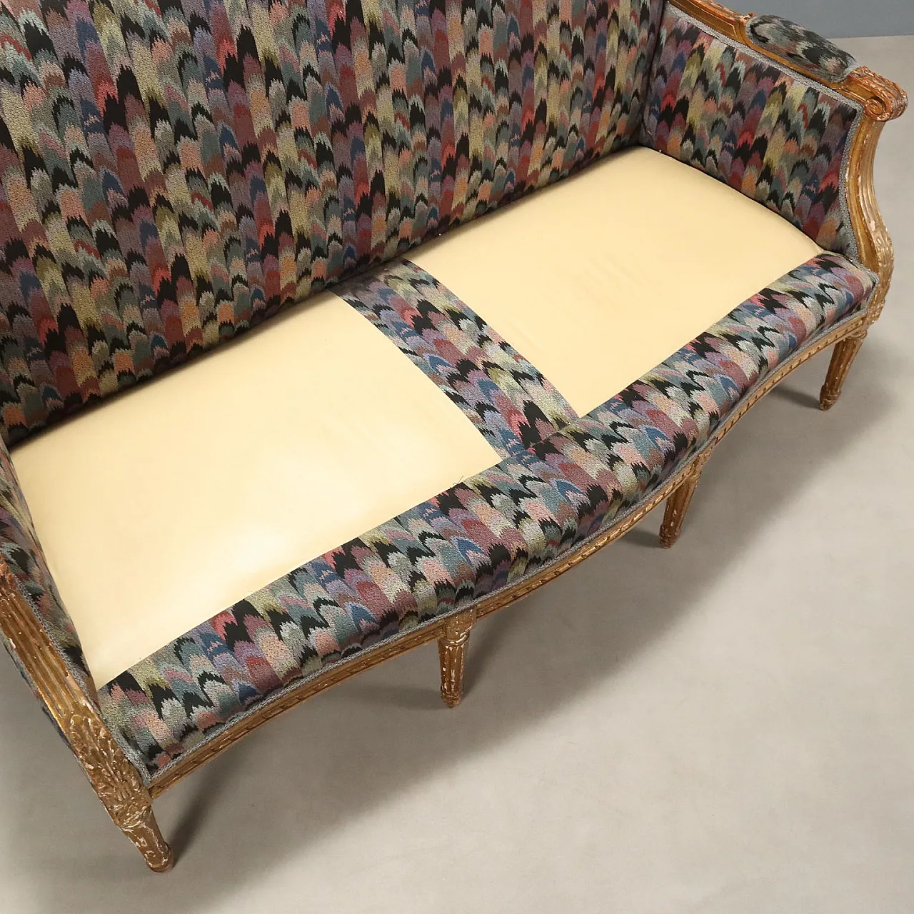 Carved and gilded wooden sofa with padding, late 19th century 9