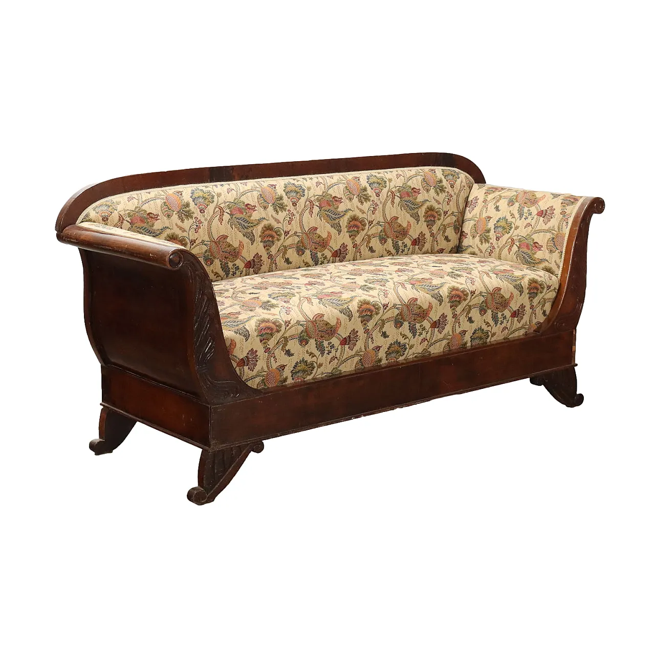 Divano Luigi Filippo in tessuto e noce, '800 1