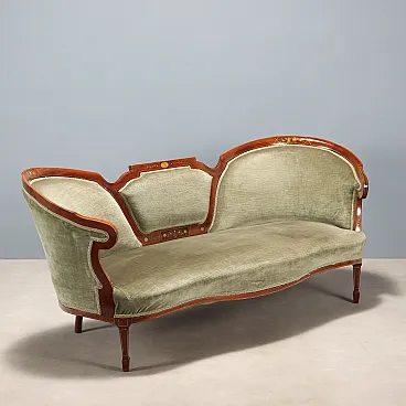 Divano in mogano e acero con intarsi di legni vari, fine '800