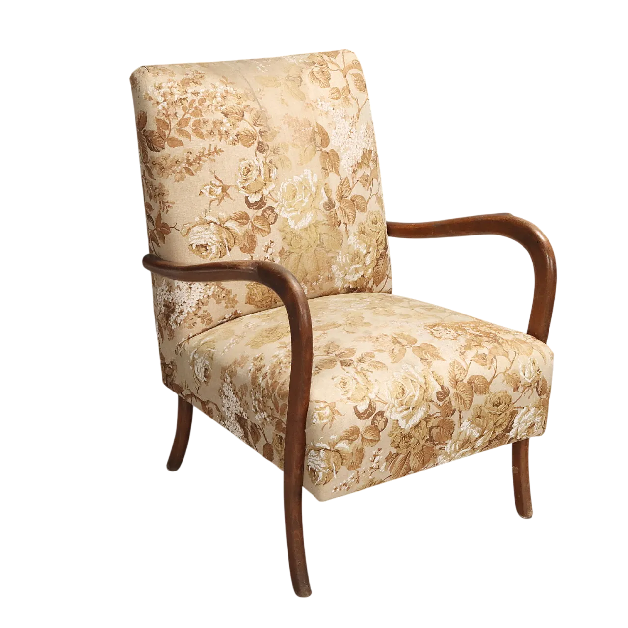 Poltrona con braccioli in faggio e rivestimento in tessuto, '900 10