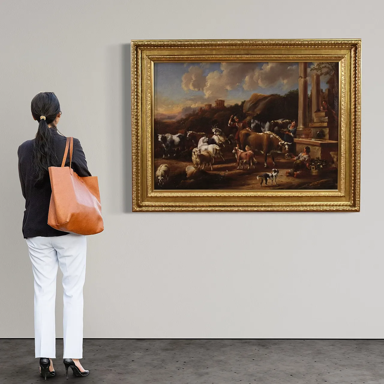 Large painting from the 18th century, pastoral scene with classical ruins 2