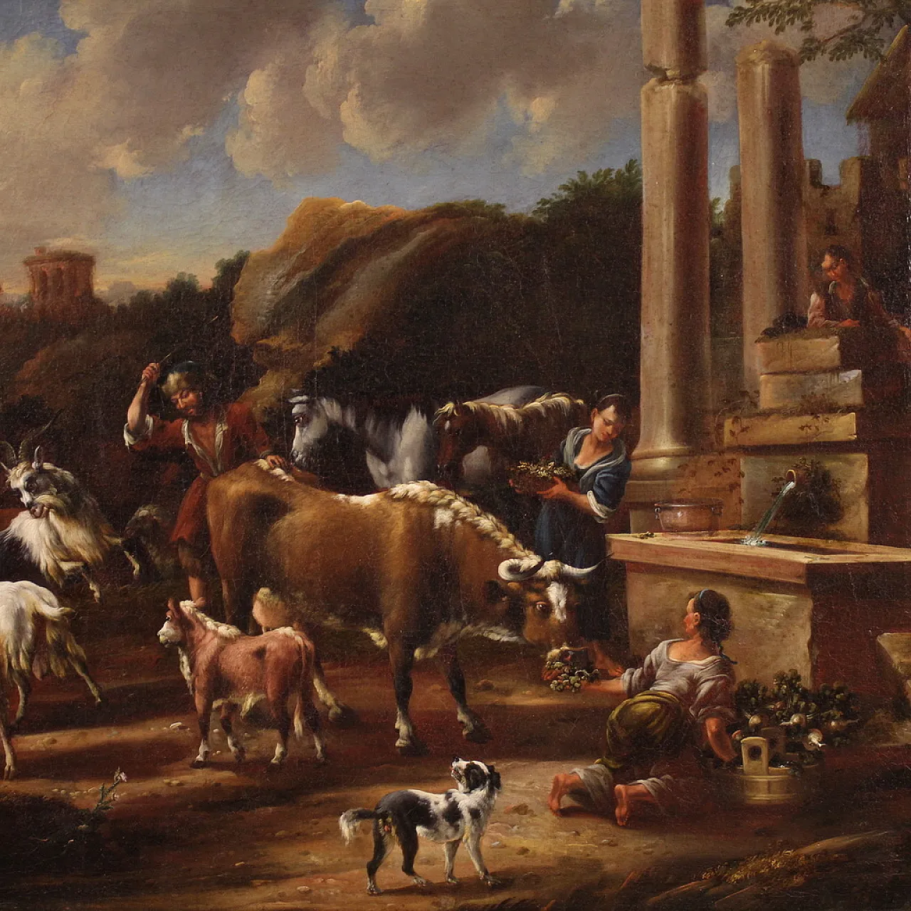 Large painting from the 18th century, pastoral scene with classical ruins 3