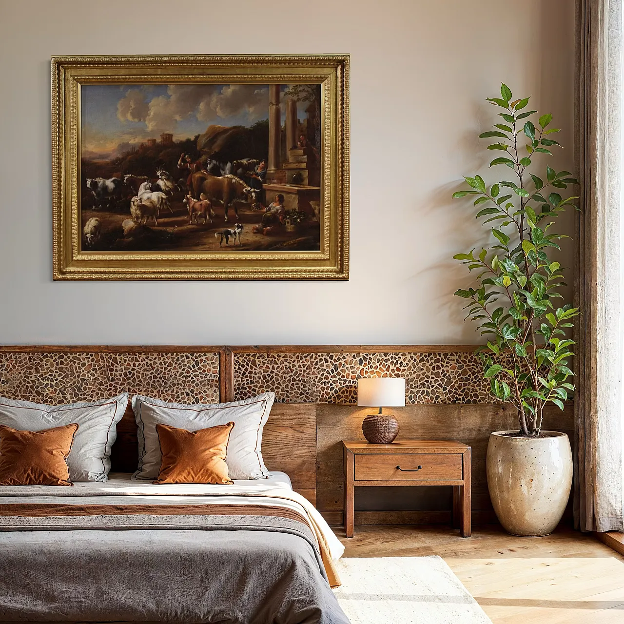 Large painting from the 18th century, pastoral scene with classical ruins 5