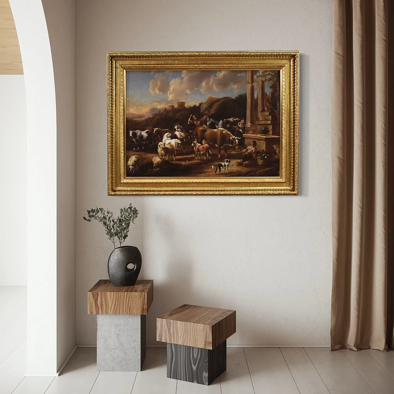 Large painting from the 18th century, pastoral scene with classical ruins 8
