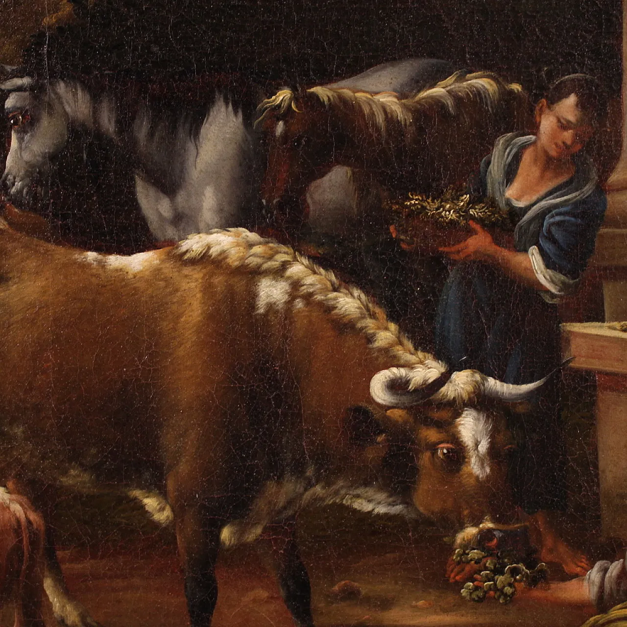 Large painting from the 18th century, pastoral scene with classical ruins 9