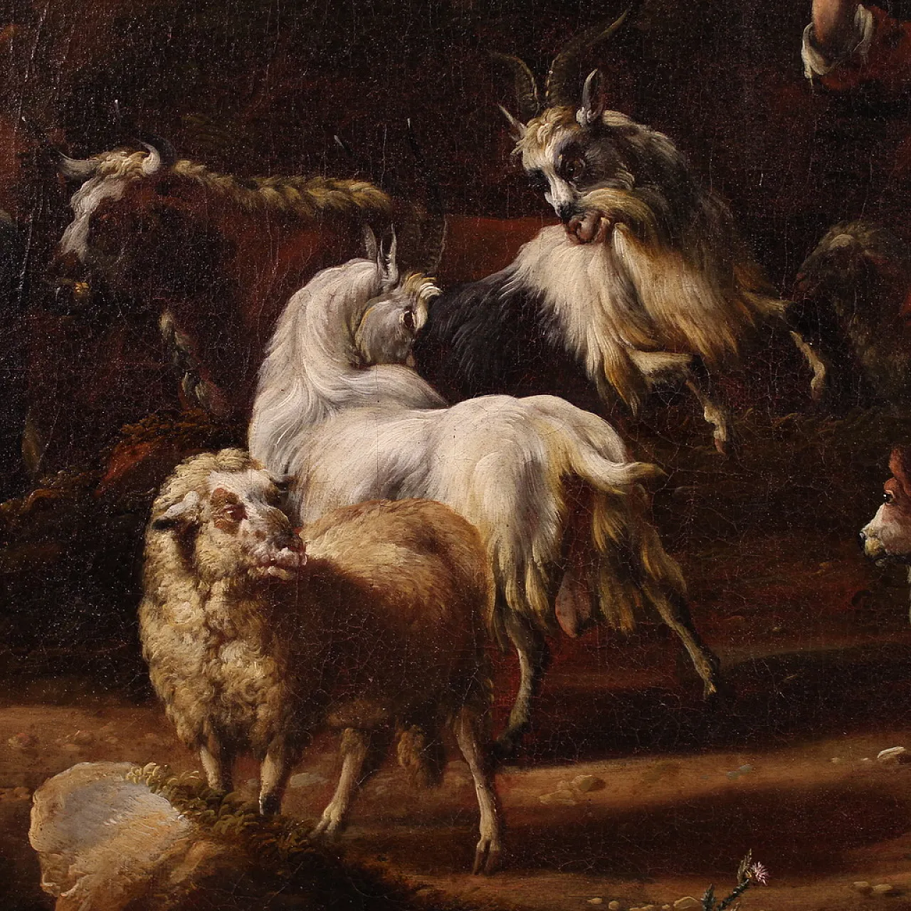 Large painting from the 18th century, pastoral scene with classical ruins 12