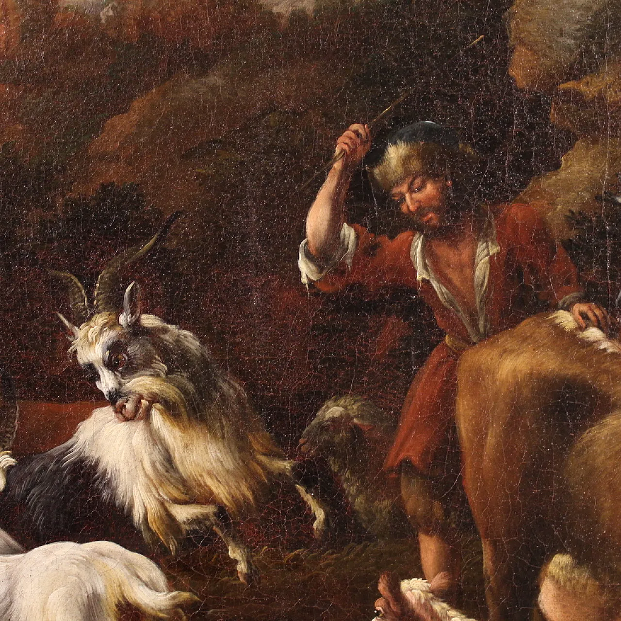 Large painting from the 18th century, pastoral scene with classical ruins 15