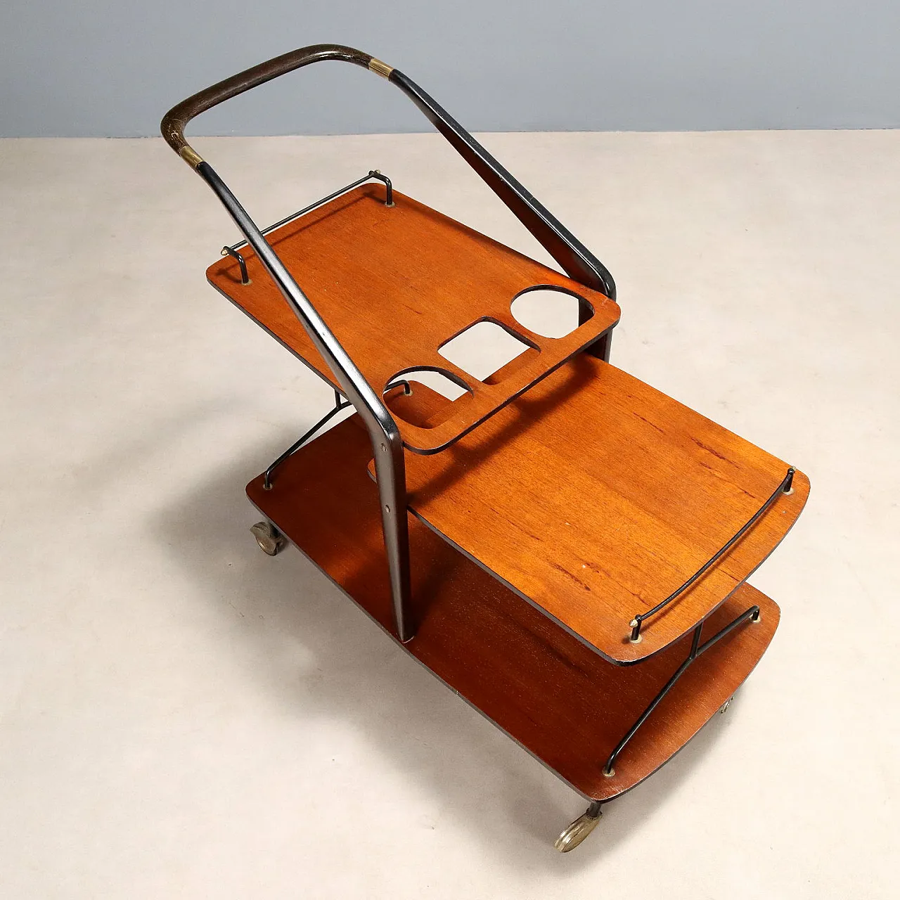 Carrello bar in teak, legno tinto ebano, metallo e ottone, '900 3