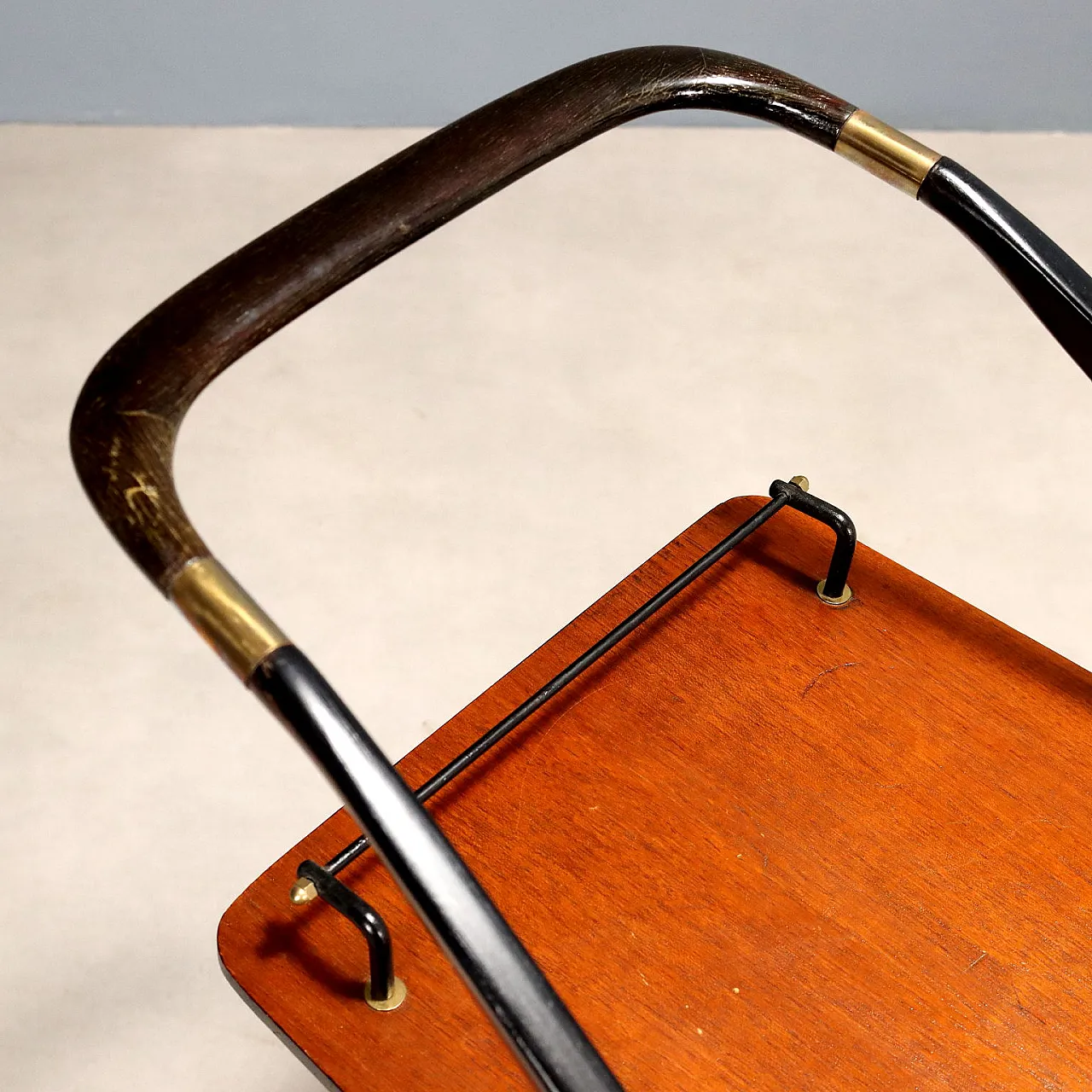 Carrello bar in teak, legno tinto ebano, metallo e ottone, '900 4