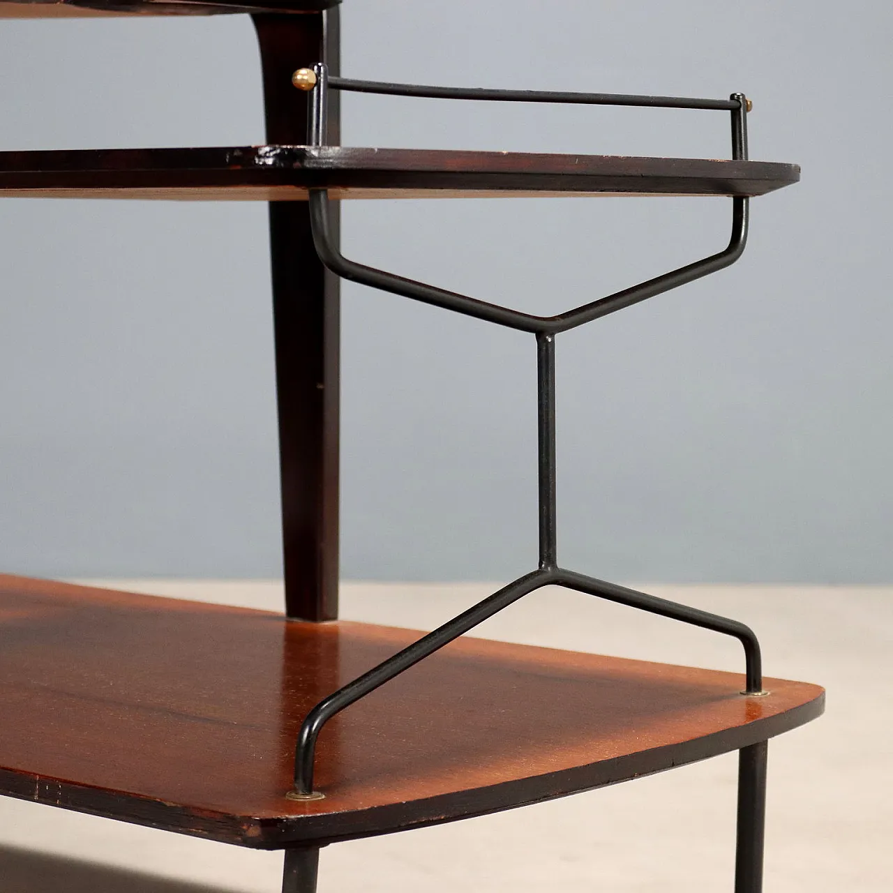 Carrello bar in teak, legno tinto ebano, metallo e ottone, '900 6