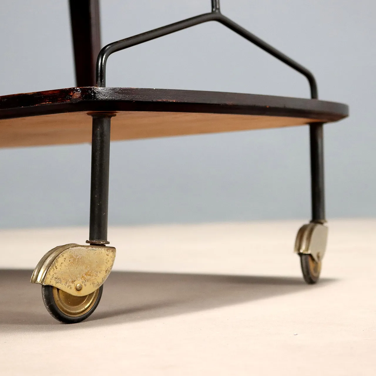 Carrello bar in teak, legno tinto ebano, metallo e ottone, '900 7