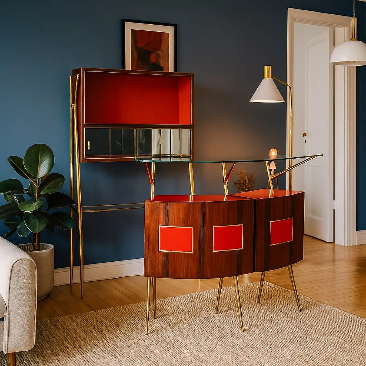 Mobile bar in mogano impiallacciato e cristallo, anni '50 2