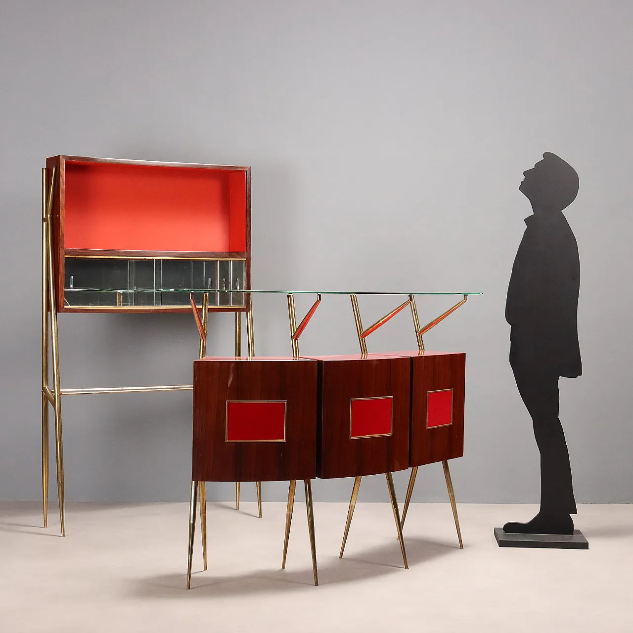 Mobile bar in mogano impiallacciato e cristallo, anni '50 3