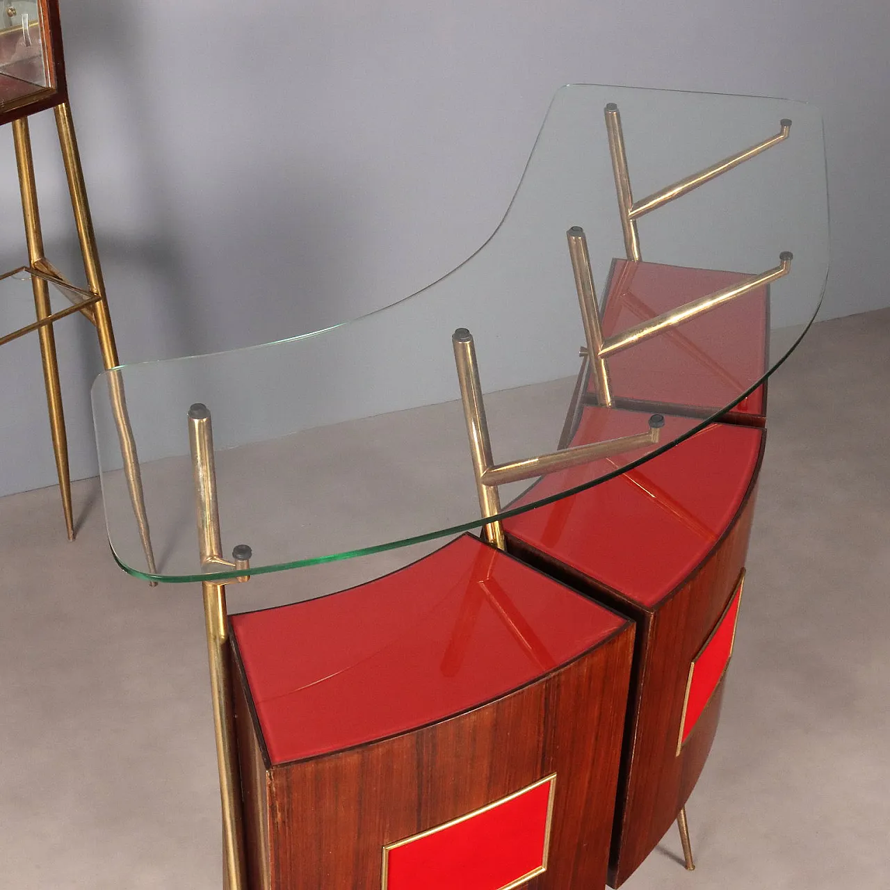 Mobile bar in mogano impiallacciato e cristallo, anni '50 7