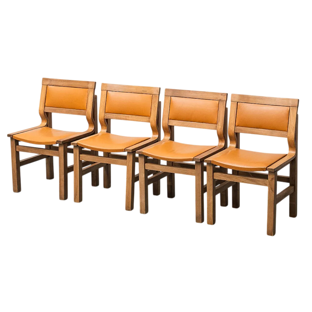 4 chairs in wood and brown eco-leather, 1970s 12